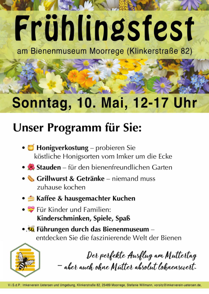 Der Flyer mit Informationen zum Frühlingsfest 2026 am Bienenmuseum Moorrege.